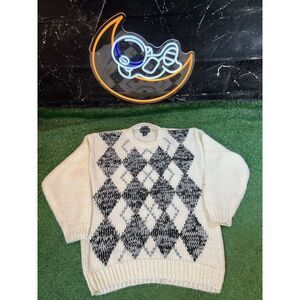 VTG Peter England‎ Mens XL Handmade 100% Acrylic Black&White Sweater Hand Knit